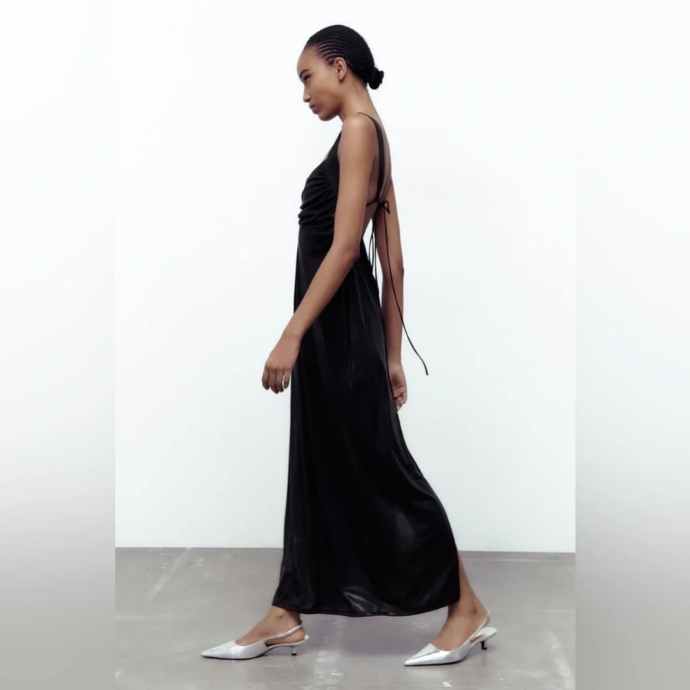 Zara NWT Long Ruched Dress in Black Metallic Maxi Open Back Size M Medium New - Picture 5 of 10